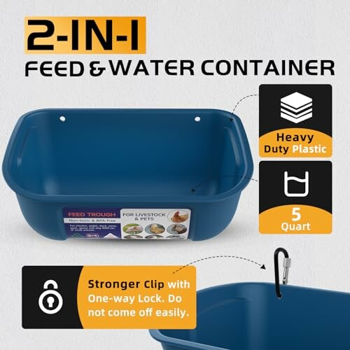 2-in-1 feed and water container for livestock and pets, heavy-duty plastic, 5 quart.