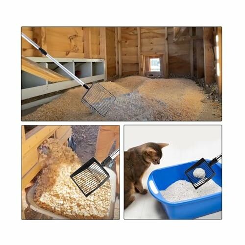 Collage of cleaning tools used in a chicken coop and a cat litter box.