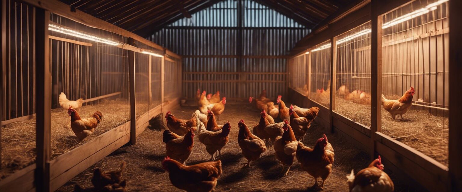 Chicken coop interior with lighting