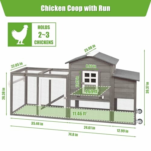 Diagram of a chicken coop with run, dimensions, and capacity for 2-3 chickens.