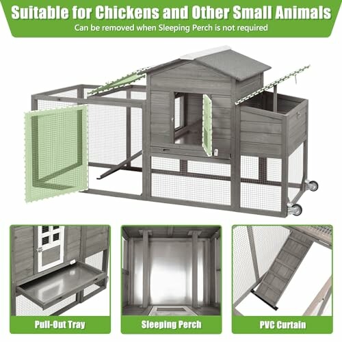 Chicken coop with pull-out tray, sleeping perch, and PVC curtain