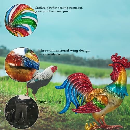 Colorful metal rooster sculpture with waterproof coating and three-dimensional wing design in a field.