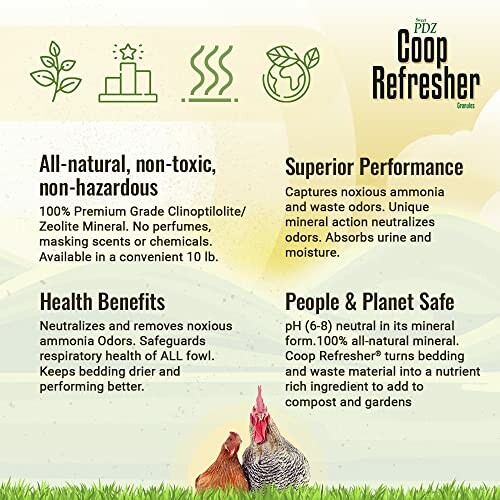 Infographic detailing benefits of PDZ Coop Refresher, highlighting natural ingredients and odor control.