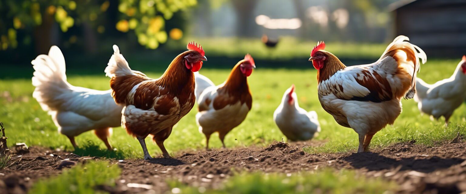 Free-range chickens in a garden