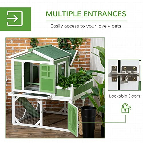 Green multi-level pet house with multiple entrances and lockable doors.