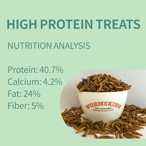 High protein treats with nutrition analysis and bowl of worms.