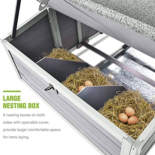 A large nesting box with openable cover and eggs inside.