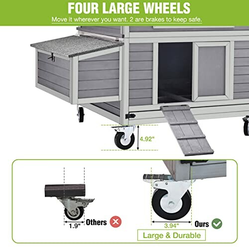 An animal hutch with large wheels and ramp for easy movement.