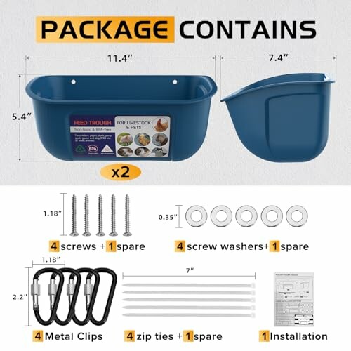 Livestock feeding trough package contents with dimensions and installation items.