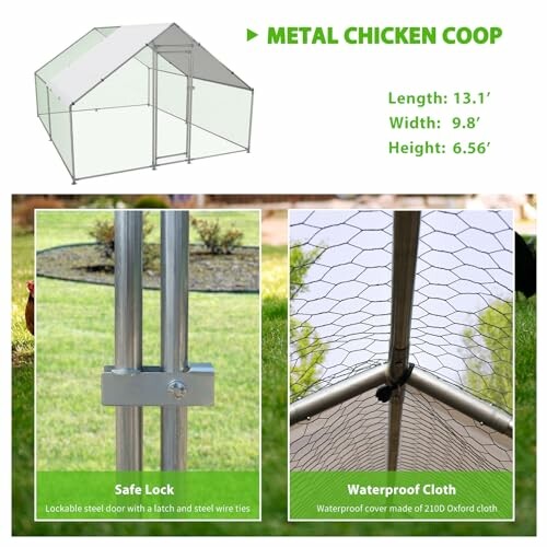 Metal chicken coop with dimensions and features.