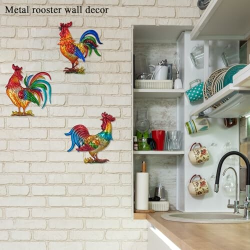 Colorful metal rooster wall decor in a kitchen setting.