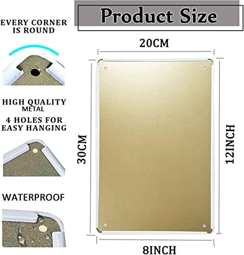 Product size of metal sign with rounded corners, dimensions 20x30cm.