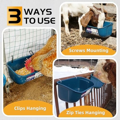 Three ways to use a feeding trough: screws mounting, clips hanging, zip ties hanging.