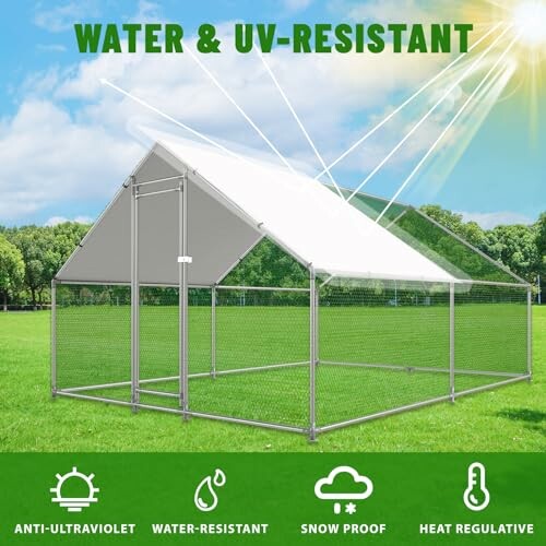 Outdoor canopy with water and UV-resistant features in a green field.