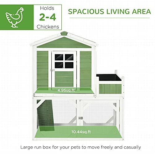 Green and white chicken coop for 2-4 chickens with spacious living area.