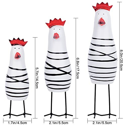 Three striped chicken figurines of varying heights with red crowns.