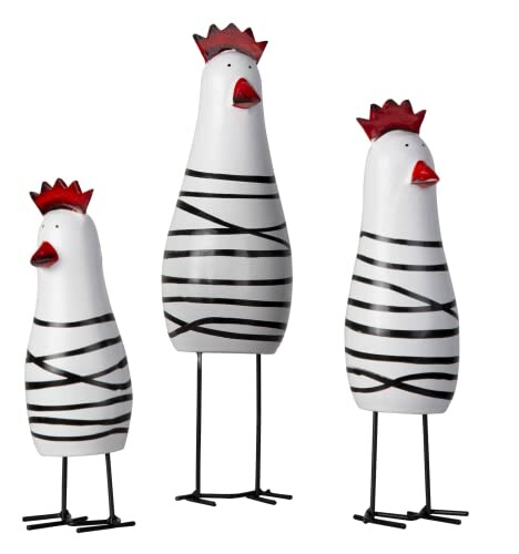 Three striped metal chicken sculptures with red combs.