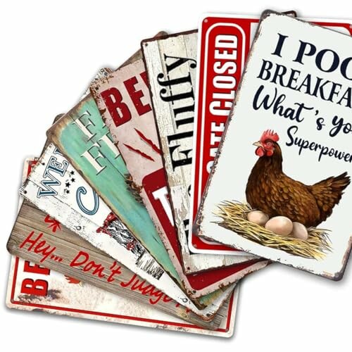 Assorted vintage-style farmhouse signs with humorous and rustic designs.