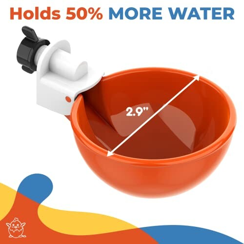 Orange water bowl with measurement showing 2.9 inches, promotes holding 50% more water.