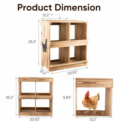 Wooden chicken coop with dimensions displayed.