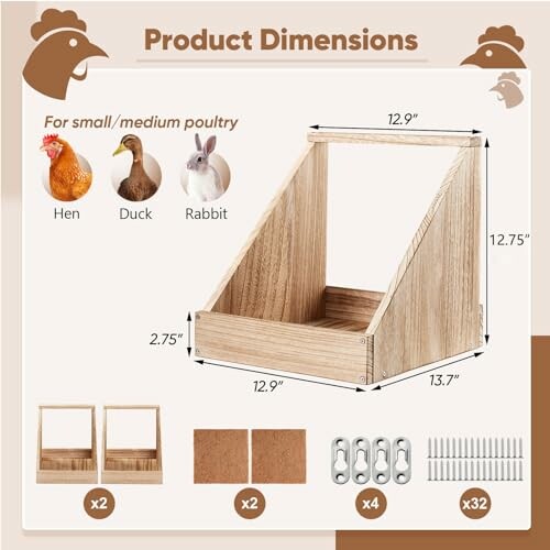 Wooden poultry feeder dimensions with illustrations of a hen, duck, and rabbit